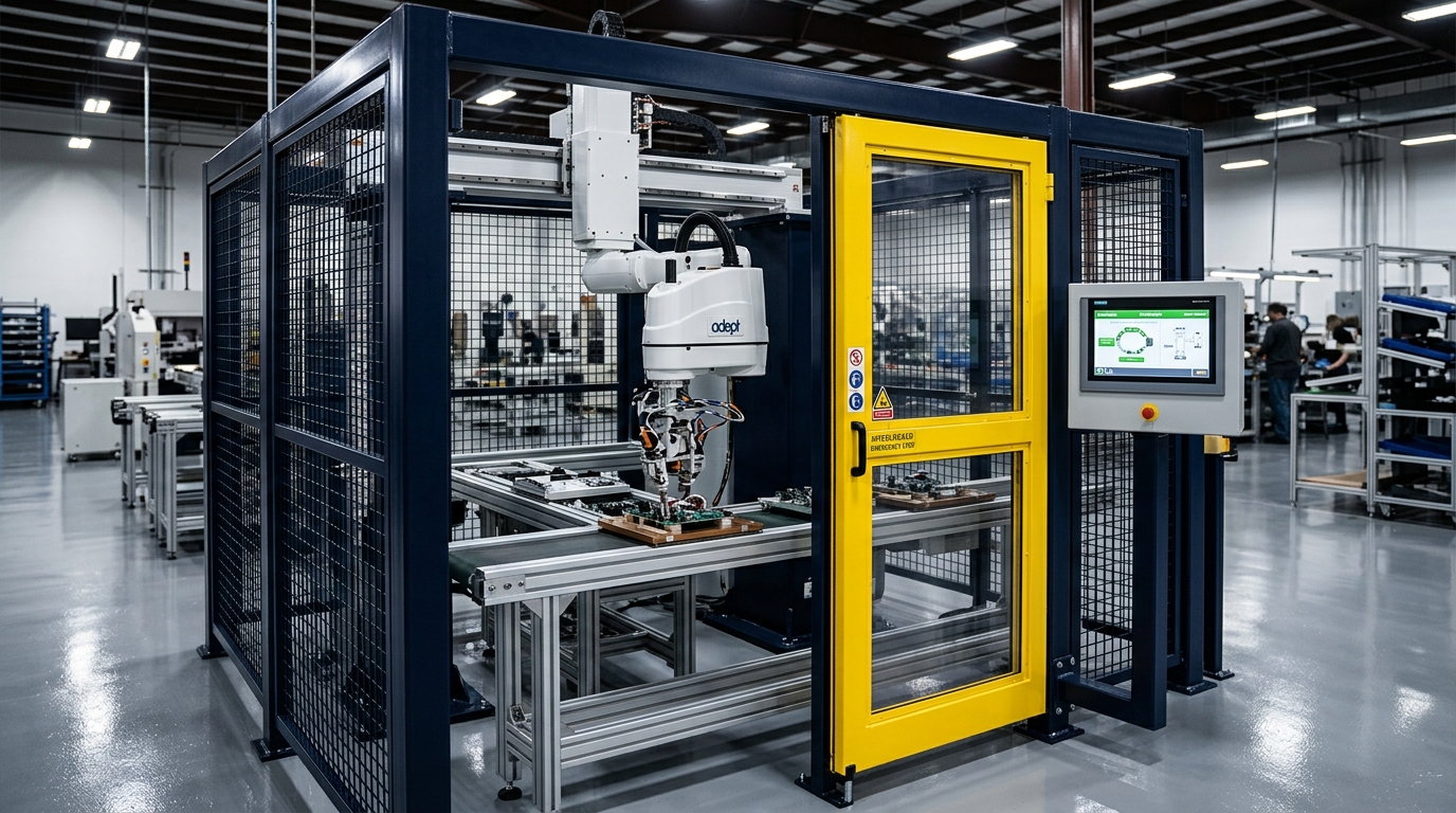 Modular robot work cell with safety enclosure and HMI